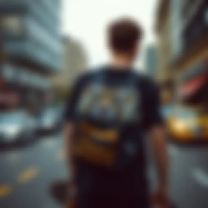 Skateboarder wearing the Tasmanian Tiger backpack on a city street