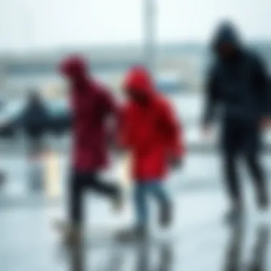 Performance in Rainy Weather The jacket being tested in rainy weather, illustrating its performance and durability in adverse conditions.