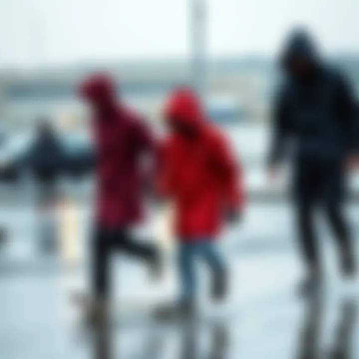 Performance in Rainy Weather The jacket being tested in rainy weather, illustrating its performance and durability in adverse conditions.