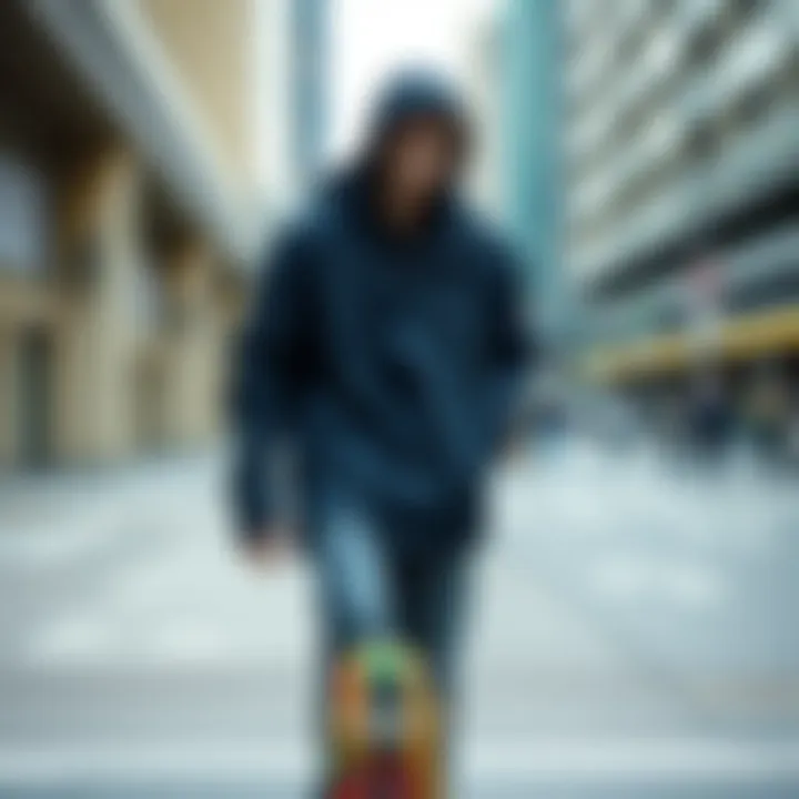 Skater's Style in Urban Setting Skater wearing the 686 waterproof anorak jacket in an urban setting, demonstrating style and functionality.