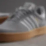 Close-up view of adidas Busenitz Grey Gum sneaker showcasing its unique design features