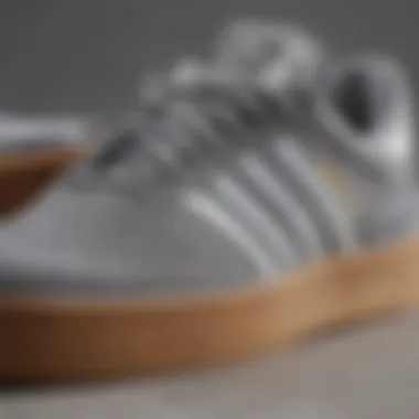 Close-up view of adidas Busenitz Grey Gum sneaker showcasing its unique design features