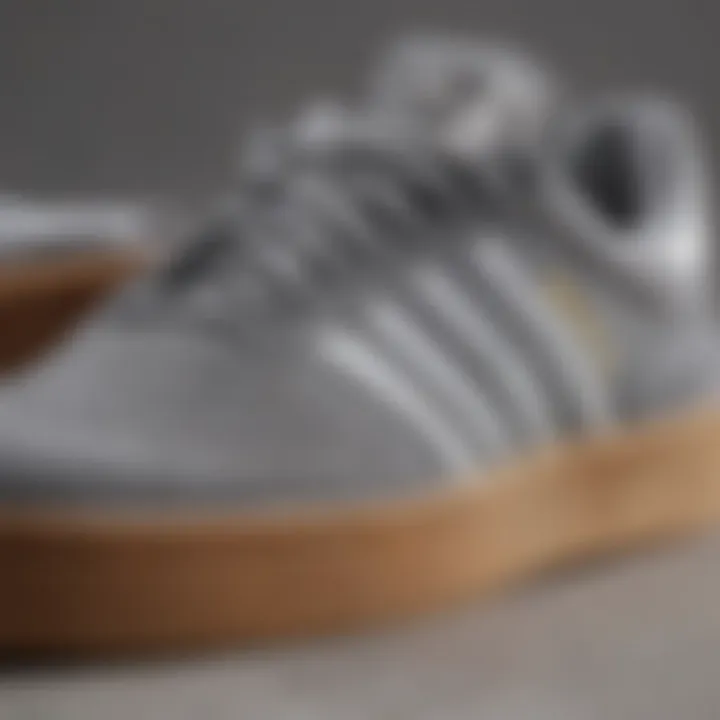 Close-up view of adidas Busenitz Grey Gum sneaker showcasing its unique design features