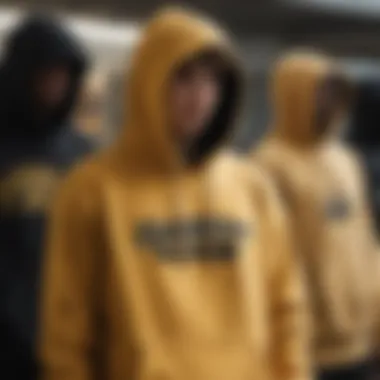 A collection of gold and black hoodies showcasing various designs