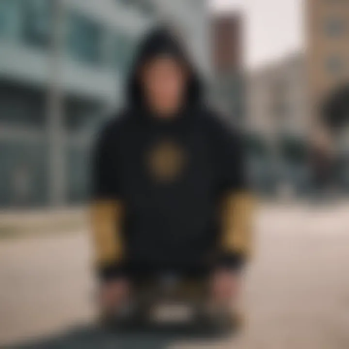 A stylish gold and black hoodie displayed on a skateboard