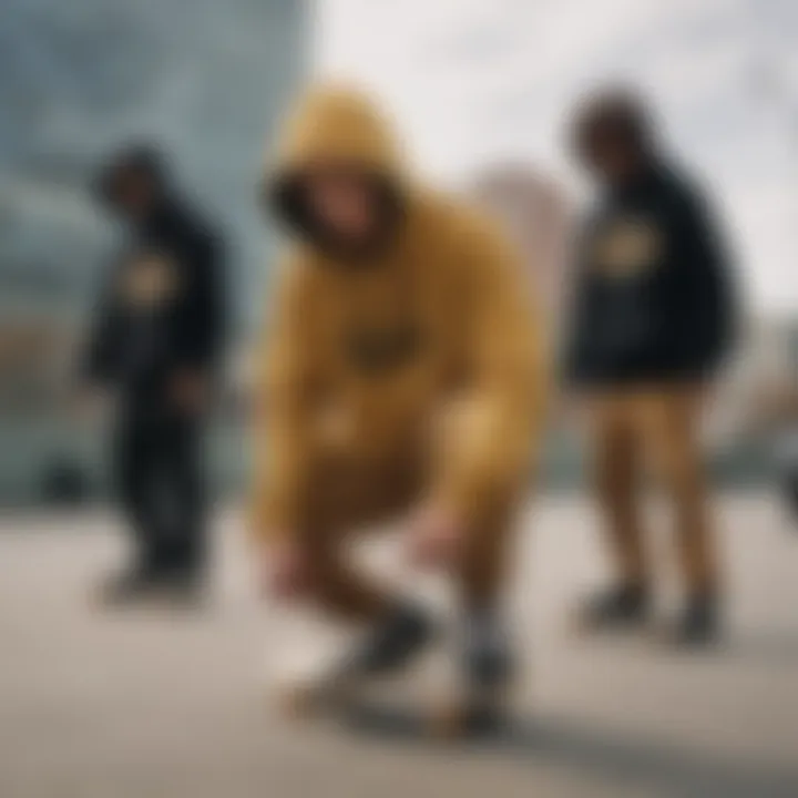 An urban skate scene featuring skaters wearing gold and black hoodies