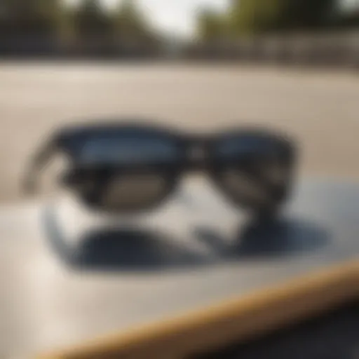 A close-up of black Ray-Ban sunglasses resting on a skateboard, capturing their sleek design and style.