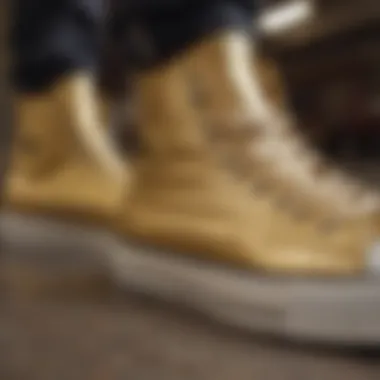 Craftsmanship of Gold Chuck Taylors Close-up of Gold Chuck Taylors showcasing the unique design and craftsmanship.