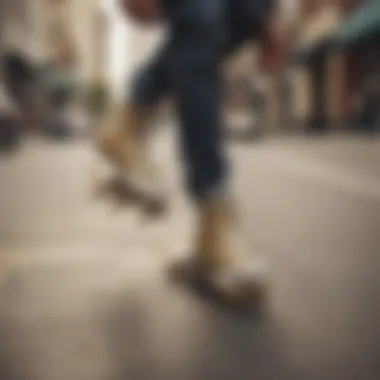 Skateboarding with Gold Chuck Taylors Skateboarder performing tricks in Gold Chuck Taylors on an urban street.