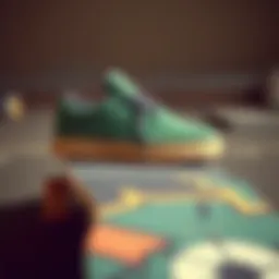 Close-up of a green half cab shoe on a skateboard deck