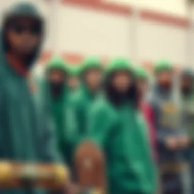 Group of skaters wearing various styles of green half cabs