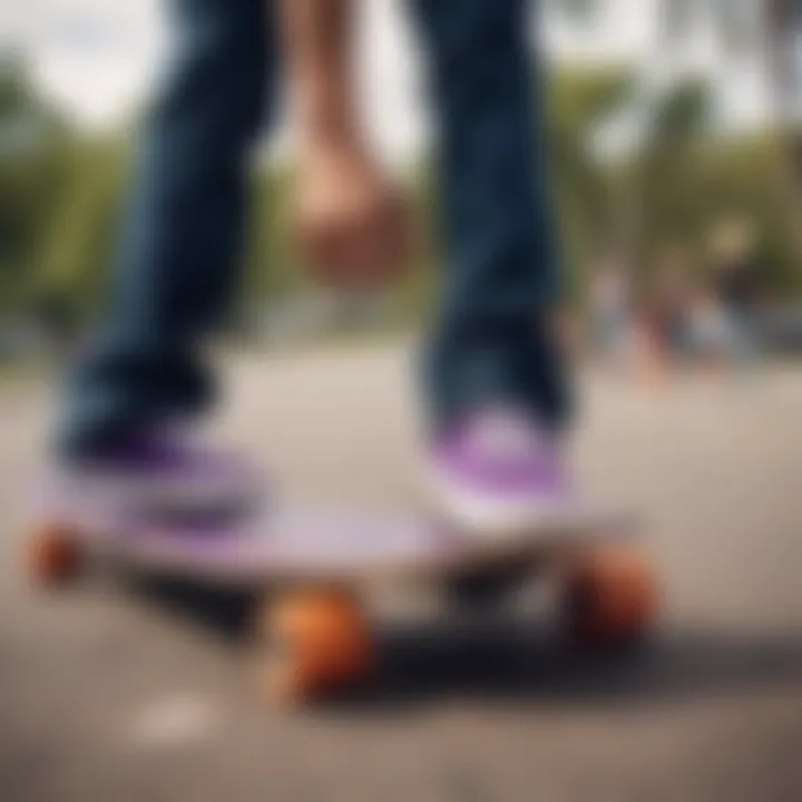 A group of skaters showcasing their customized purple penny boards.