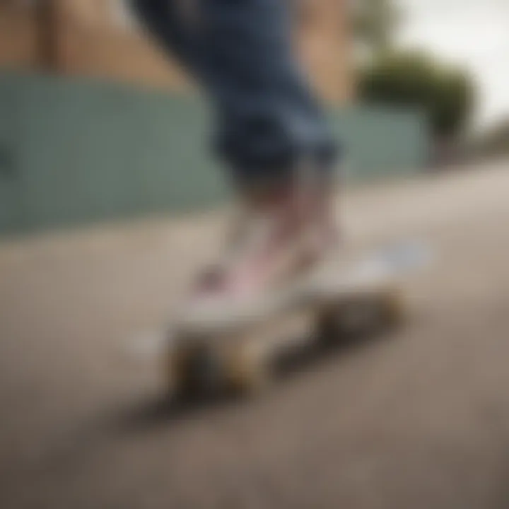 A skateboarder performing a trick while wearing Vans sequin shoes.