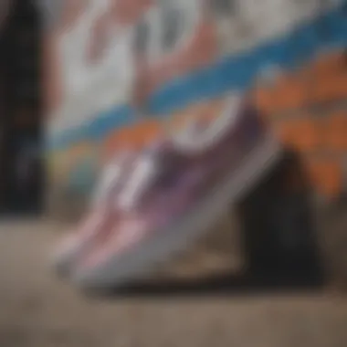 An artistic display of Vans sequin shoes against a street art backdrop.