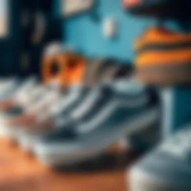 A collection of Vans blue stripe shoes displayed in a trendy setting