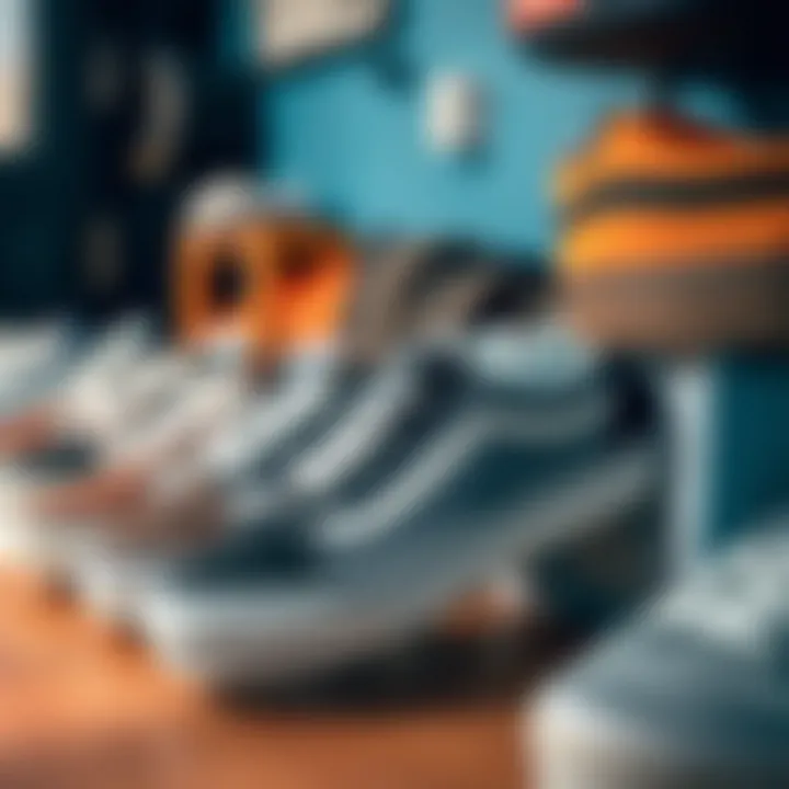 A collection of Vans blue stripe shoes displayed in a trendy setting