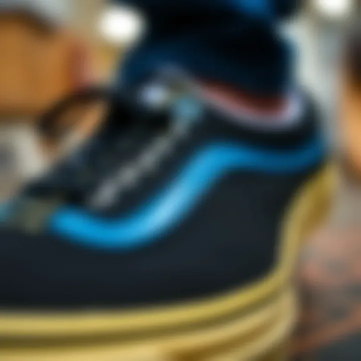 A close-up view of the blue stripe on Vans shoes emphasizing craftsmanship