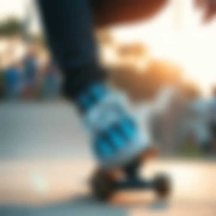 Skateboarder wearing Vans with blue stripes during a trick