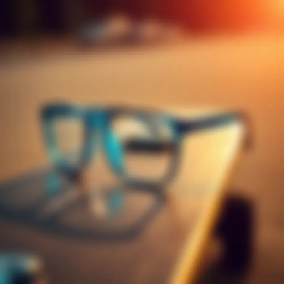 Stylish blue square frame glasses on a skateboard deck