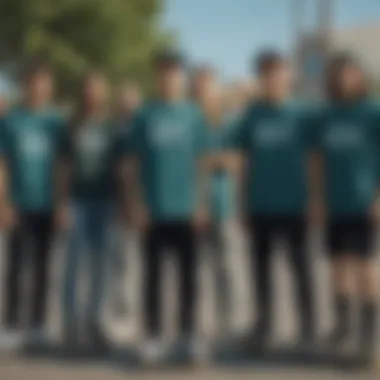 Group of skateboarders showcasing diverse styles with dark teal t-shirts