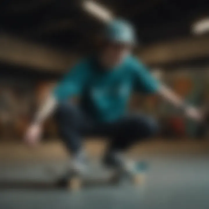 Skateboarder wearing a dark teal t-shirt while performing a trick