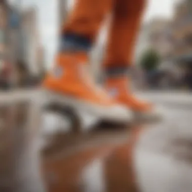 Orange Converse Chuck Taylor shoes styled in a trendy urban environment