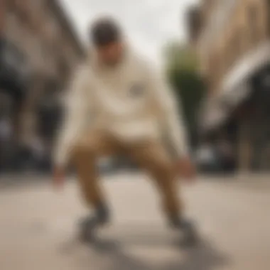 Skateboarder wearing cream sweatshirt in urban setting