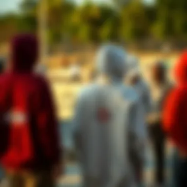 Group of skaters showcasing Dickies logo hoodies at skate park