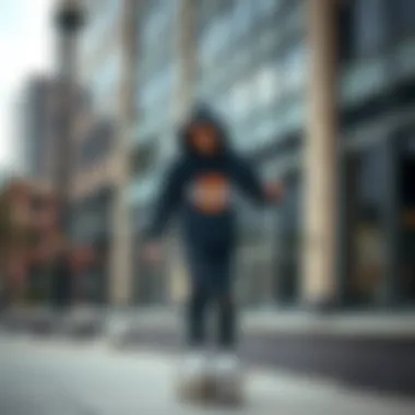 Skateboarder wearing Dickies hoodie in urban setting
