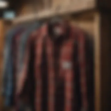 A vintage flannel shirt hanging on a rustic wooden rack