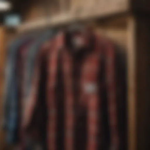 A vintage flannel shirt hanging on a rustic wooden rack