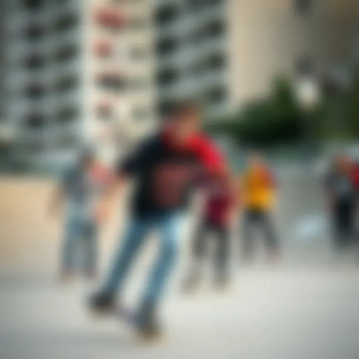 A group of skaters wearing gasp jerseys in an urban skatepark setting