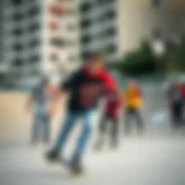 Skaters in Action at the Skatepark A group of skaters wearing gasp jerseys in an urban skatepark setting