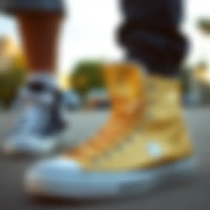 Versatile Fashion Statement Gold Converse high tops paired with casual wear