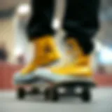 Gold Converse High Tops in Action Gold Converse high tops on a skateboard