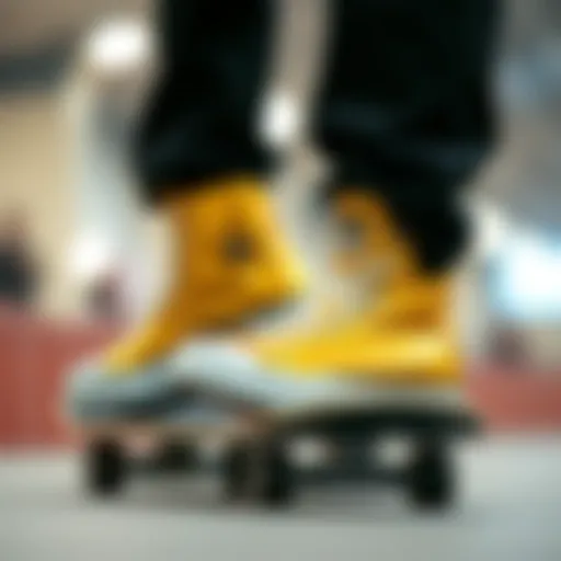 Gold Converse High Tops in Action Gold Converse high tops on a skateboard