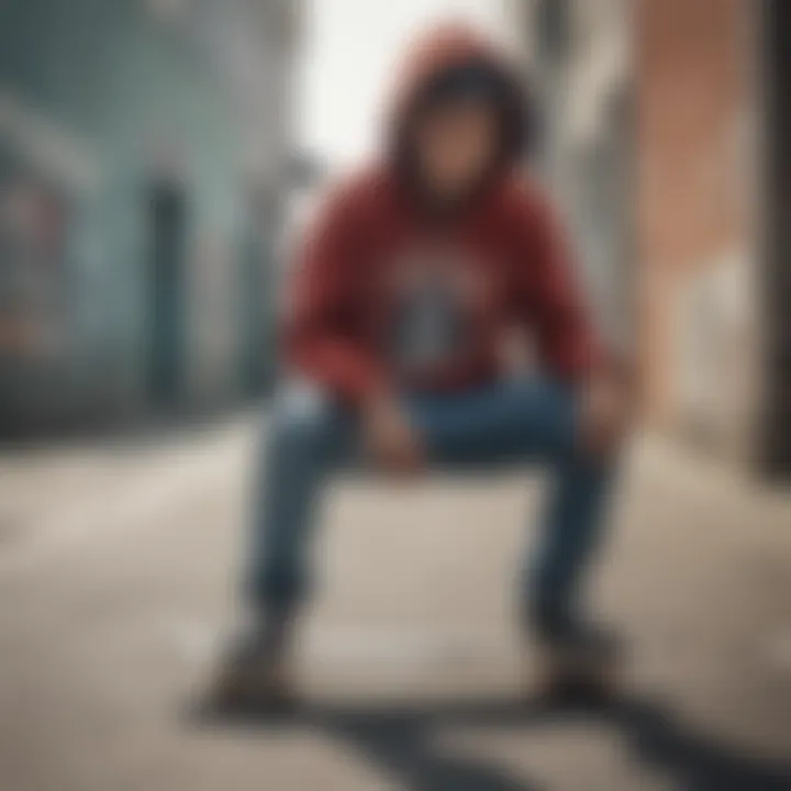 A skateboarder wearing a graphic printed hoodie in an urban setting, symbolizing youth culture.