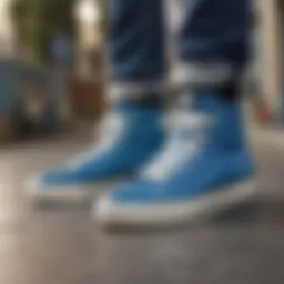 Close-up of blue high top shoes showcasing their design.