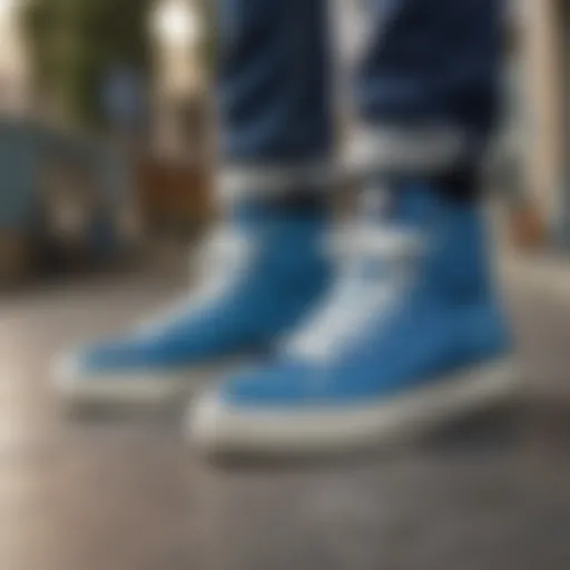 Close-up of blue high top shoes showcasing their design.