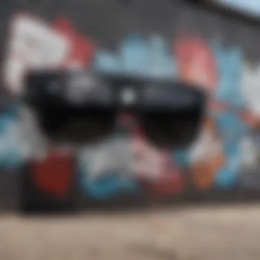 A collection of various black rectangle shades displayed against graffiti background