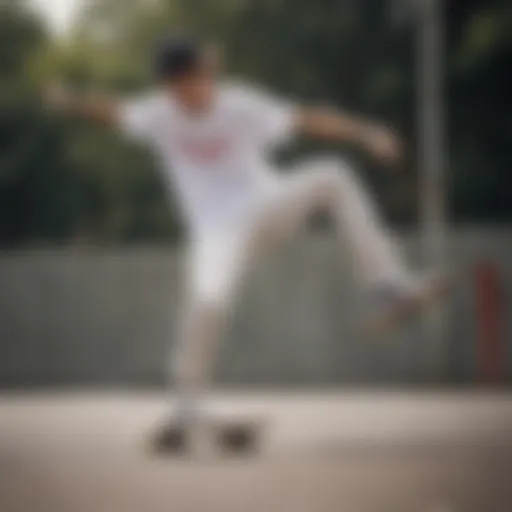 A skater performing tricks while wearing a white Vans shirt