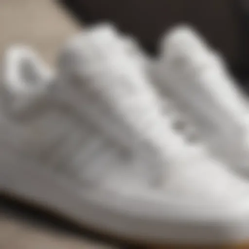 Close-up of white Adidas Forum sneakers showcasing design details