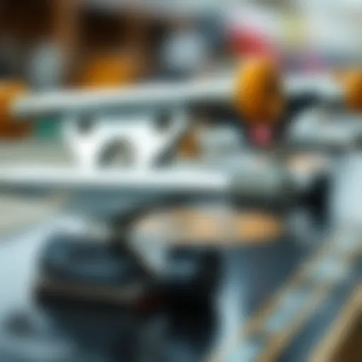 Close-up view of skateboard trucks showcasing their intricate design and mechanics.