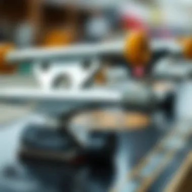 Intricate Design of Skateboard Trucks Close-up view of skateboard trucks showcasing their intricate design and mechanics.