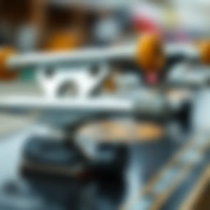 Intricate Design of Skateboard Trucks Close-up view of skateboard trucks showcasing their intricate design and mechanics.