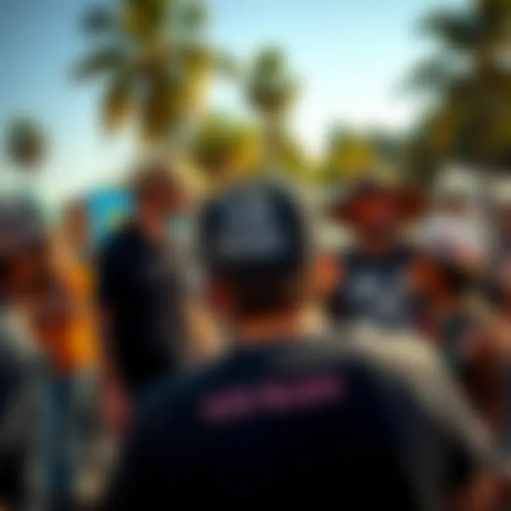 A group of skaters discussing the influence of the Ken Block hat in a vibrant outdoor setting