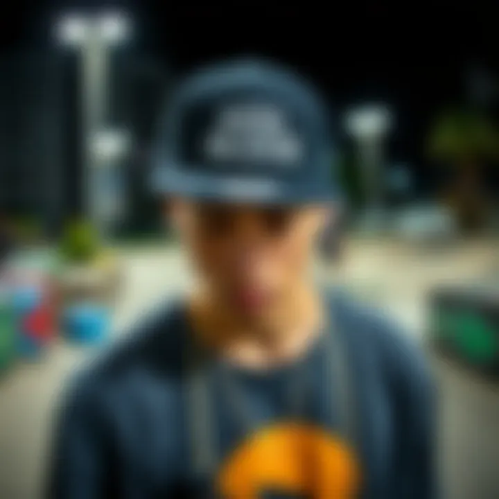 Skateboarder wearing the Ken Block hat in an urban skatepark setting