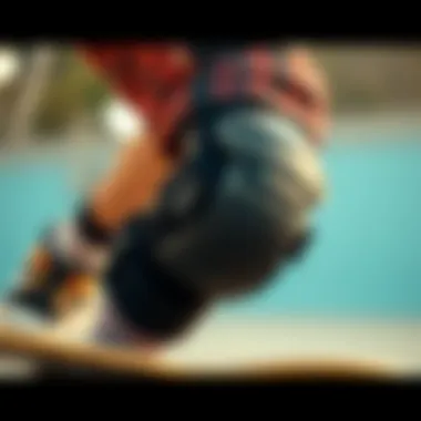 Knee pad worn by a skater demonstrating safety while performing tricks