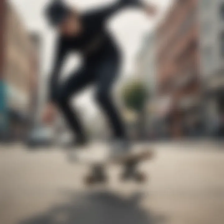 A skater performing tricks on a mini cruiser board in an urban environment