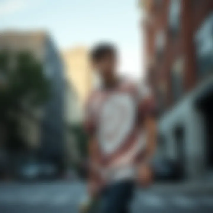 Skater wearing a mushroom tie dye shirt in an urban setting